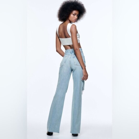 Zara Blue Flare Wide Leg Jeans with Distressed Details - Picture 9 of 11